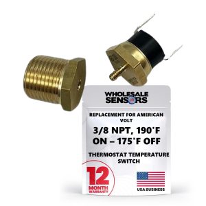 Replacement for American Volt Electric Radiator Fan Thermostat Temperature Switch, 12 Month Warranty, with Thread-in Brass Probe (3/8" NPT, 190'F On - 175'F Off)