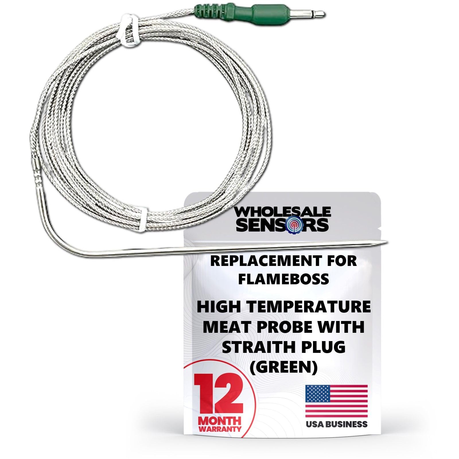Flame Boss Replacement High Temperature Meat Probe with Straight Plug (Green) 12 Month Warranty