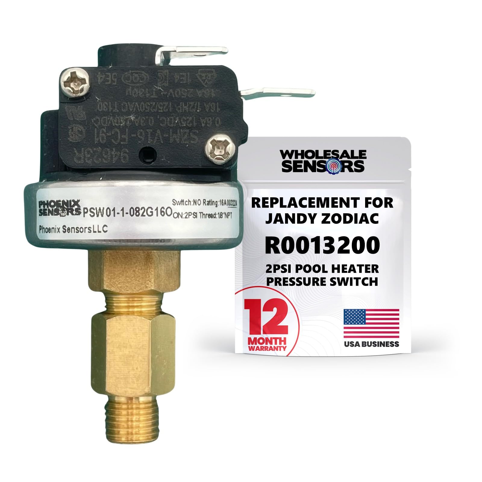 Replacement Jandy Zodiac Laars R0013200 2PSI, Pressure Switch for Pool/Spa Heaters, 12 Month Warranty, Assembled in USA