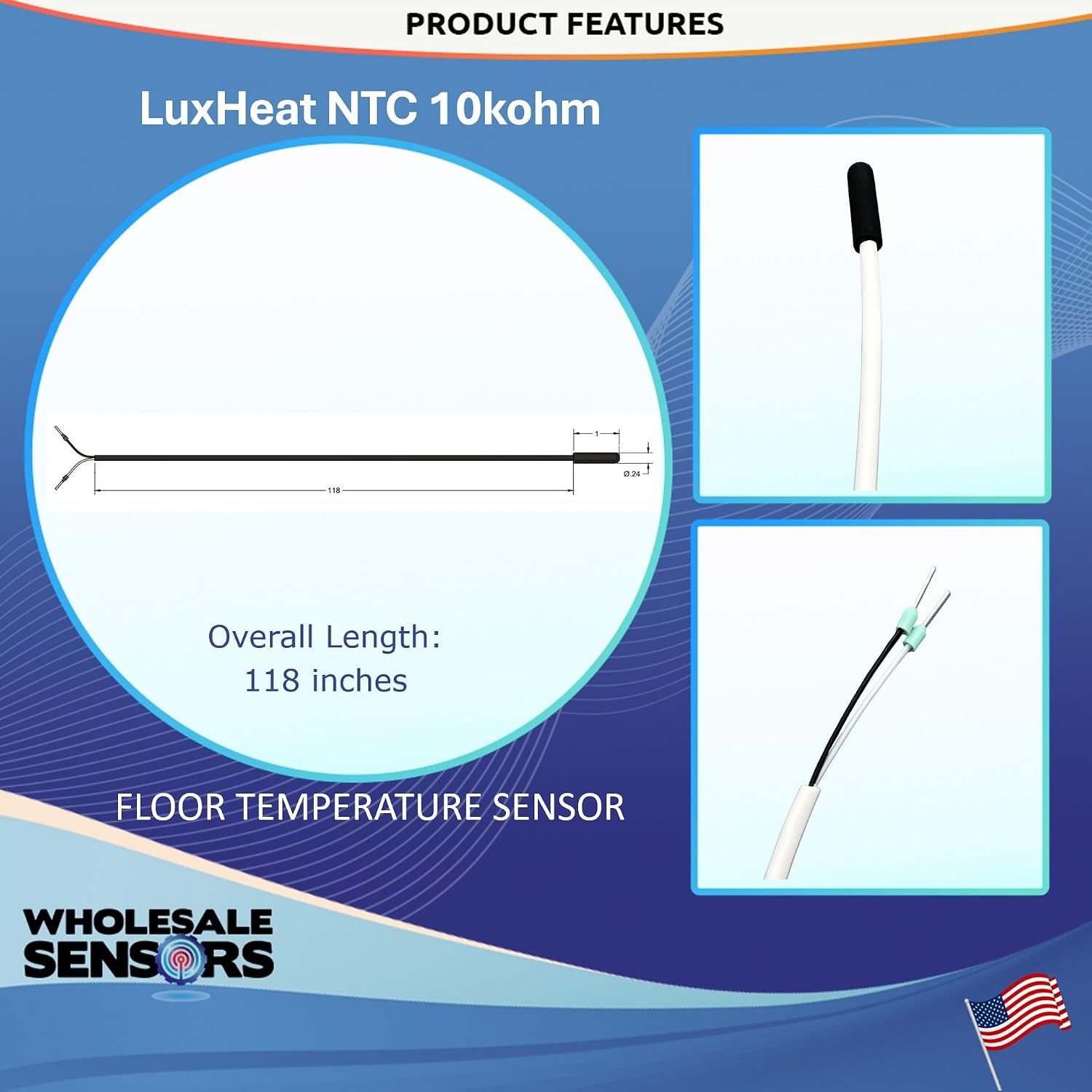 Replacement LuxHeat Temperature Floor Sensor, NTC 10kohm, 20ft Probe, 24 Month Warranty, Made in The USA - Image 2