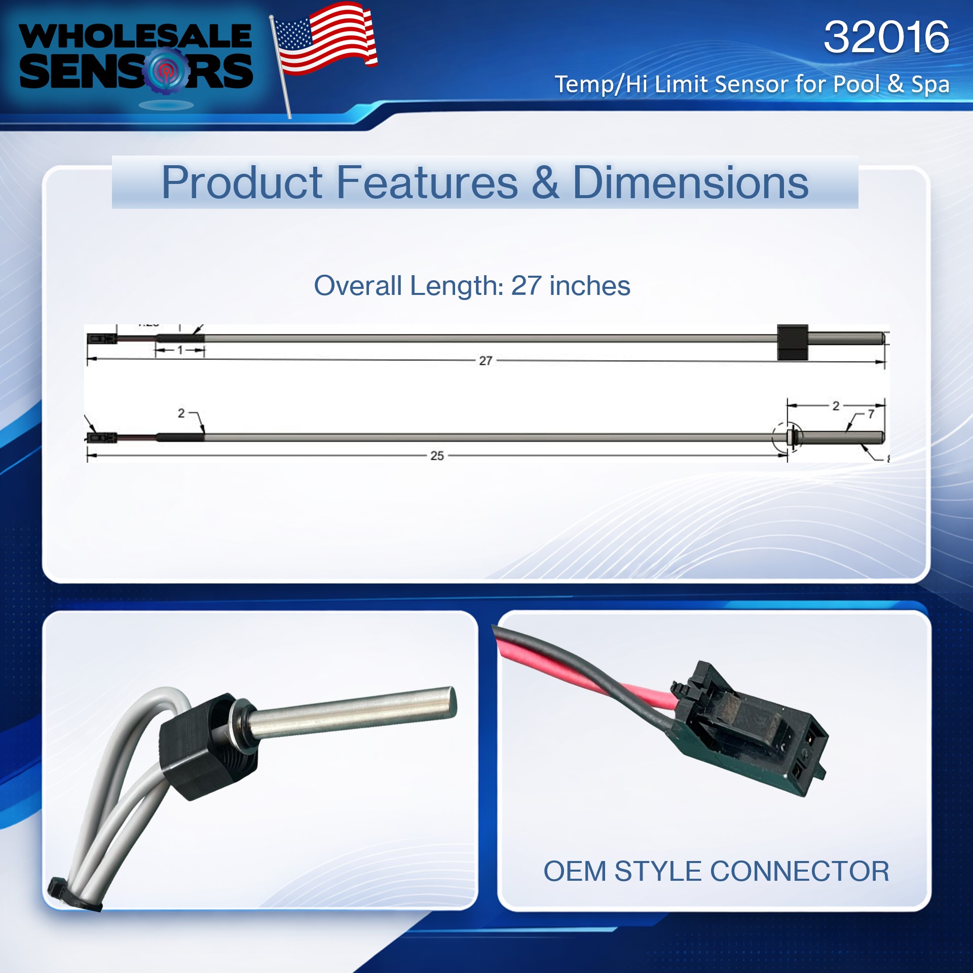 Balboa 32016 Temp Hi Limit Sensor 24 Inch Cable Replacement