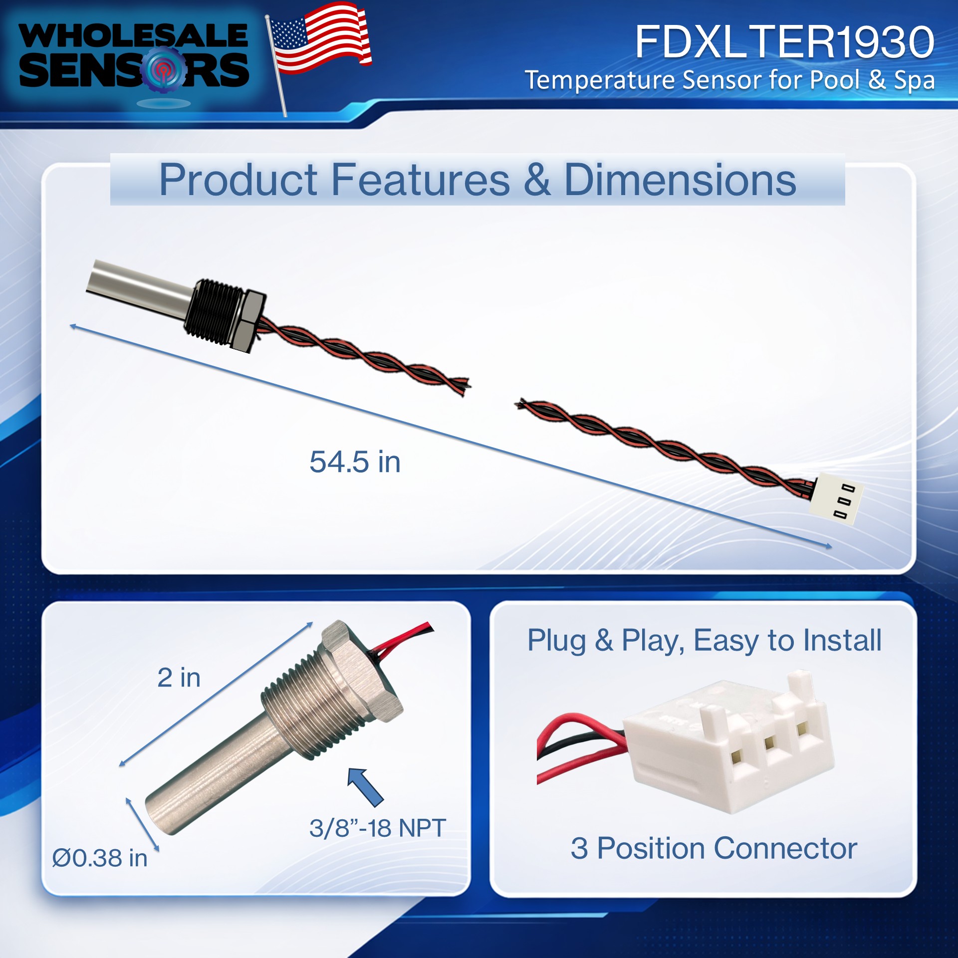 Replacement for Hayward FDXLTER1930 Thermistor Sensor for Universal H-Series Low NOx Pool Heaters