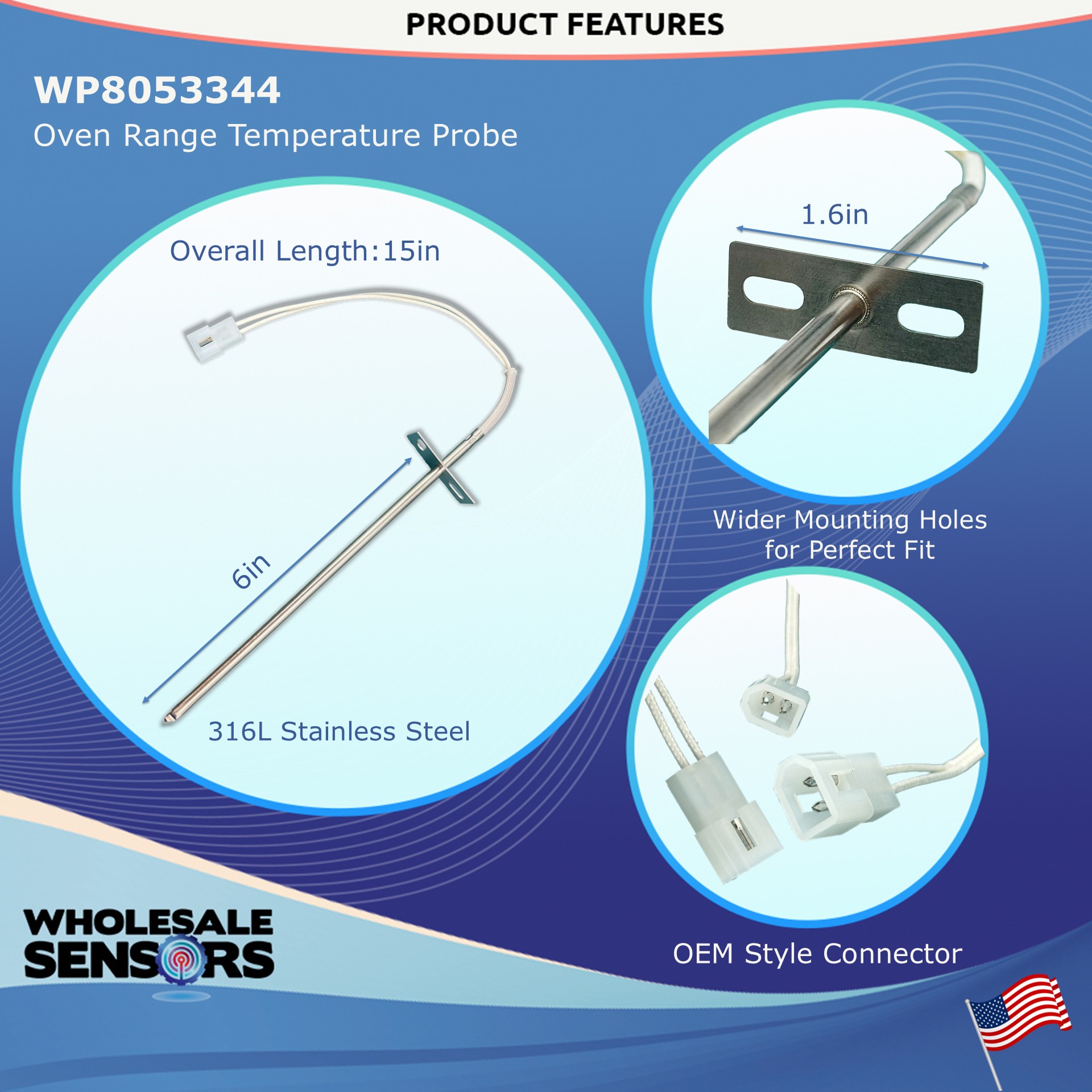 Whirlpool Kenmore 8053344 WP8053344 Range Oven Temperature Sensor Replacement by Wholesale Sensors