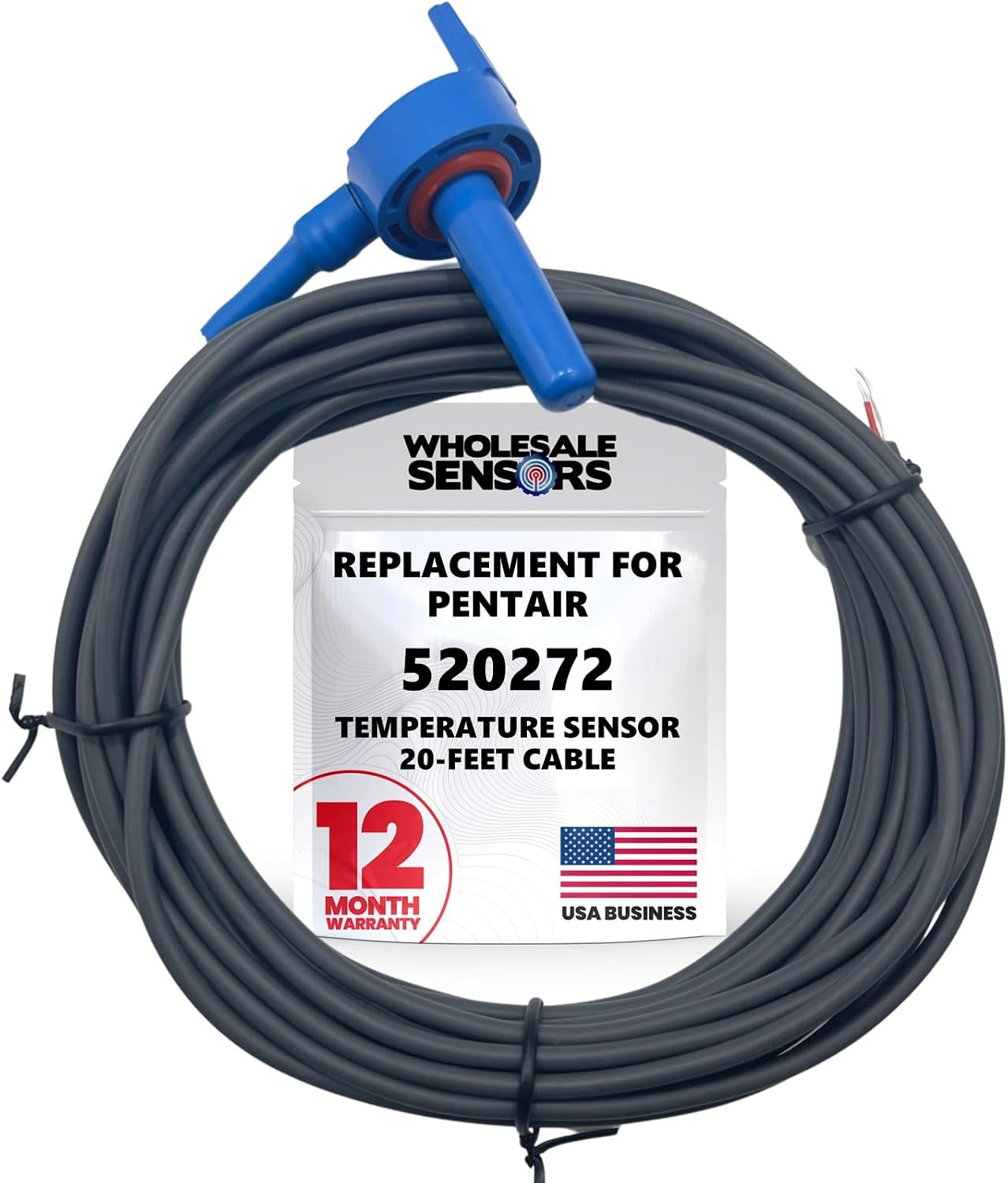 Replacement Pentair 520272 Air/Water/Solar Temperature Sensor, 20-Feet Cable for Pool/Spa 12 Month Warranty