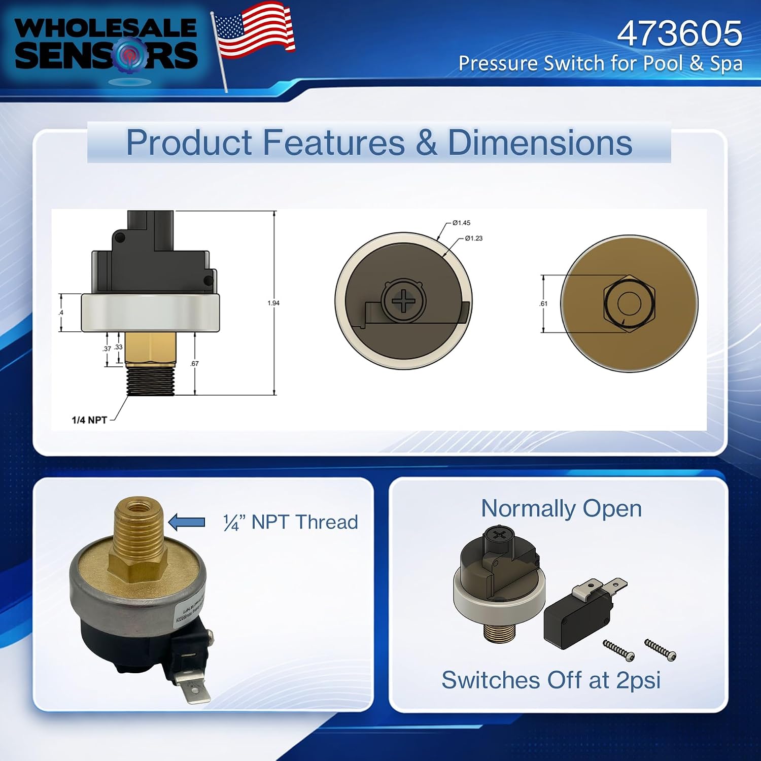 Wholesale Sensors Replacement Pentair 473605 Water Pressure Switch Compatible with MiniMax Pool & Spa Heaters 12 Month Warranty & USA Business - Image 3