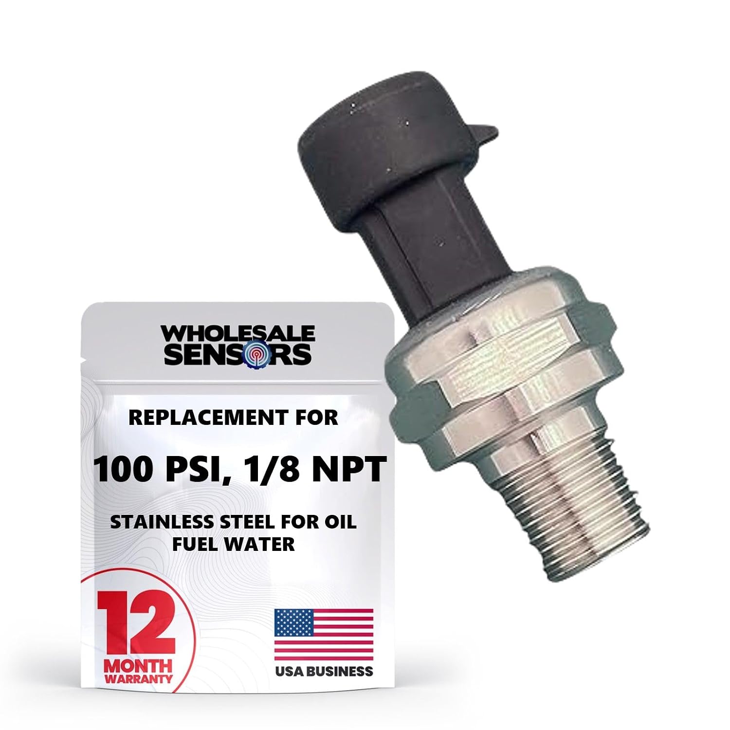 100 PSI Pressure Transducer Sensor 125C 1/8" NPT Stainless Steel for Oil Fuel Water Air 12 Month Warranty