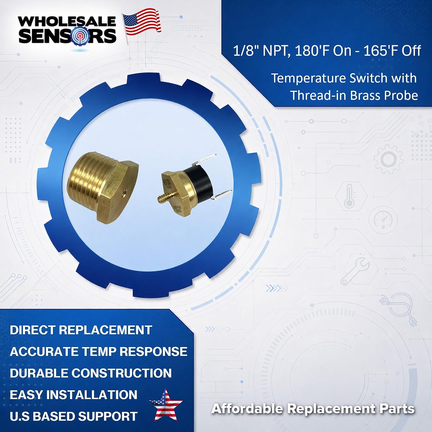 Replacement American Volt Electric Radiator Fan Thermostat - 12 Month Warranty - Temperature Switch with Thread-In Brass Probe (1/8" NPT, 180'F On - 165'F Off) - Image 2