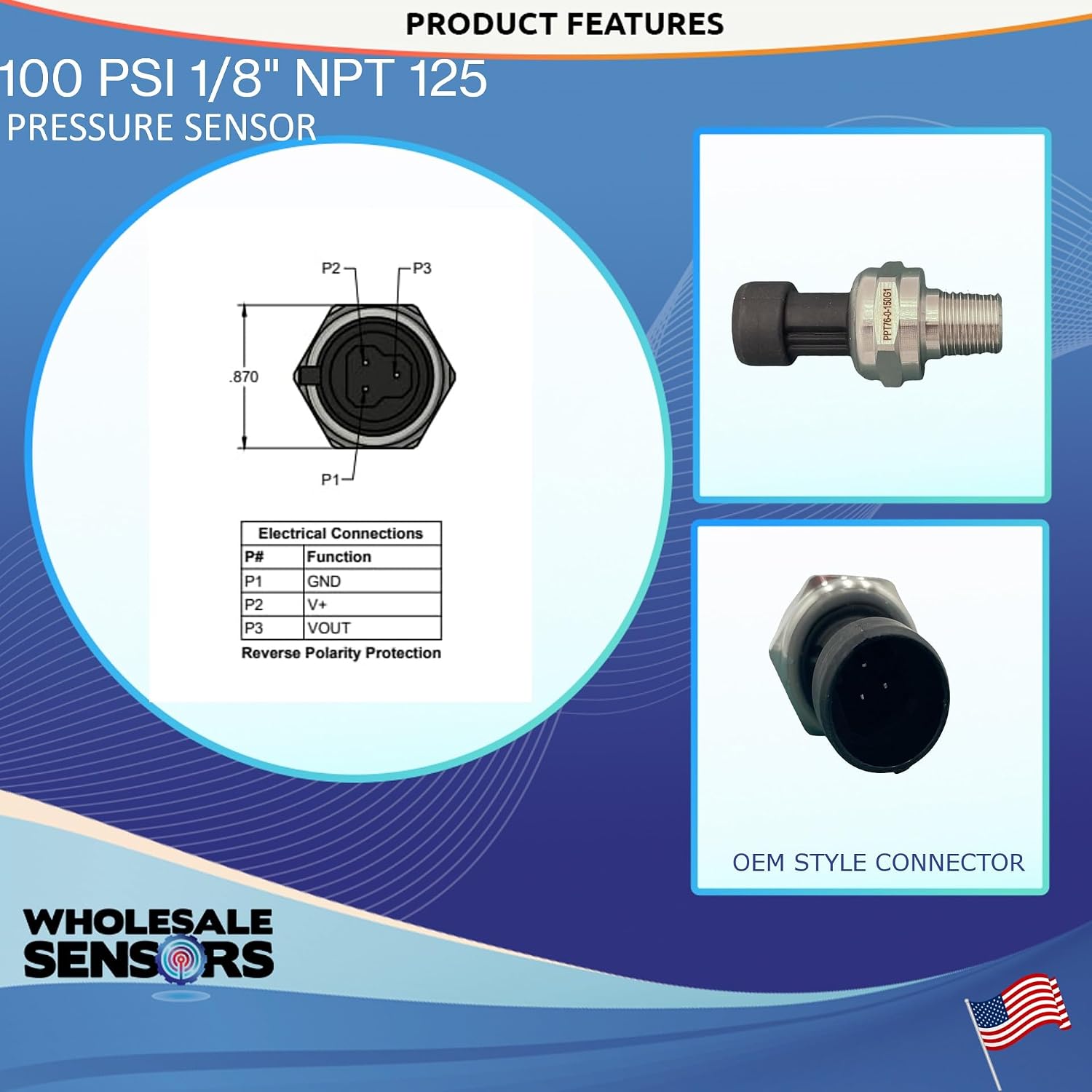 100 PSI Pressure Transducer Sensor 125C 1/8" NPT Stainless Steel for Oil Fuel Water Air 12 Month Warranty - Image 3